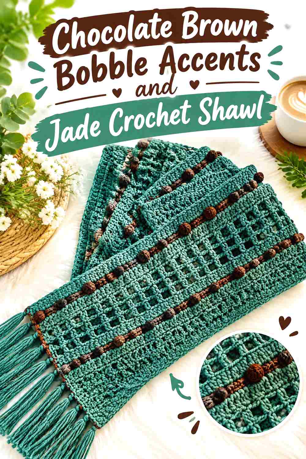 10. Chocolate Brown Bobble Accents And Jade Crochet Shawl