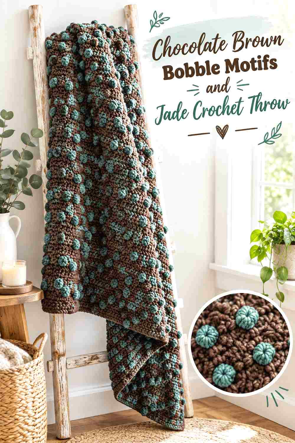 8. Chocolate Brown Bobble Motifs And Jade Crochet Throw