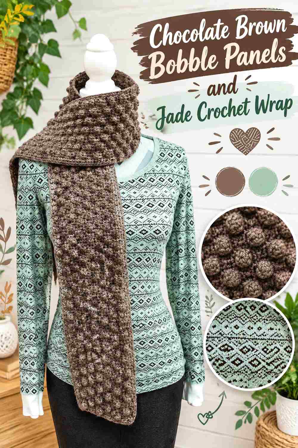 11. Chocolate Brown Bobble Panels And Jade Crochet Wrap