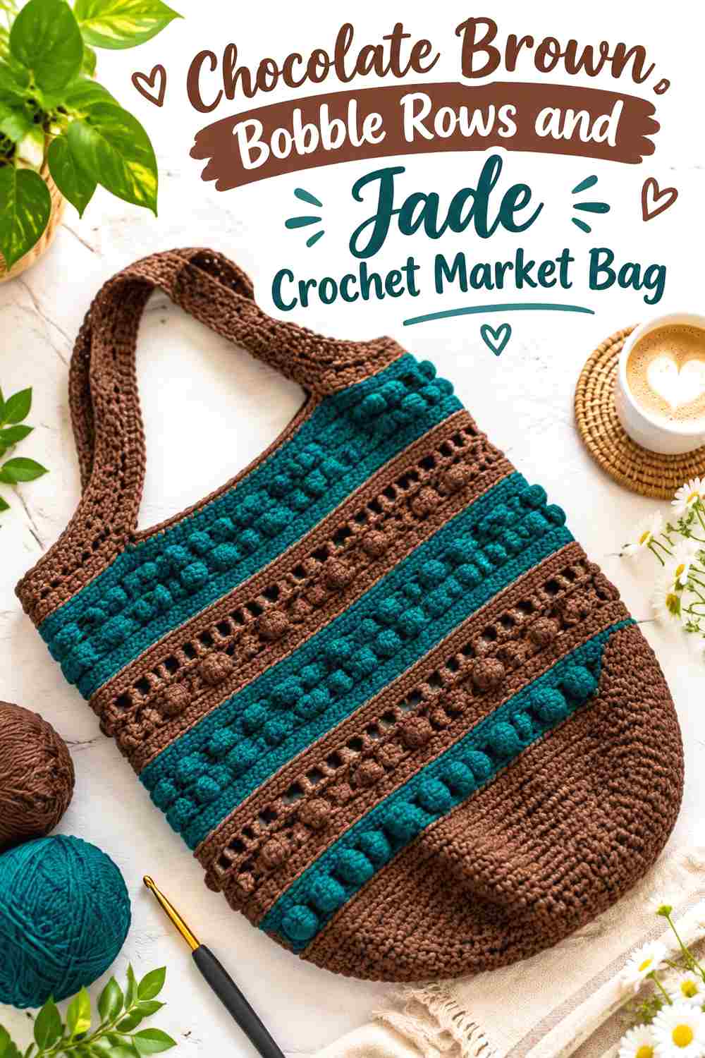 6. Chocolate Brown Bobble Rows And Jade Crochet Market Bag