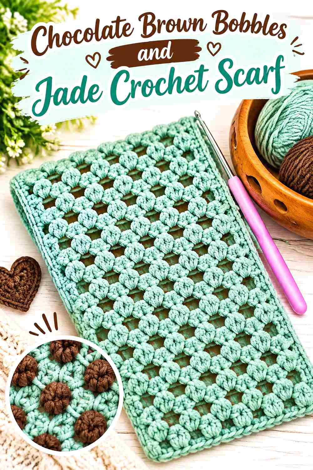 3. Chocolate Brown Bobbles And Jade Crochet Scarf