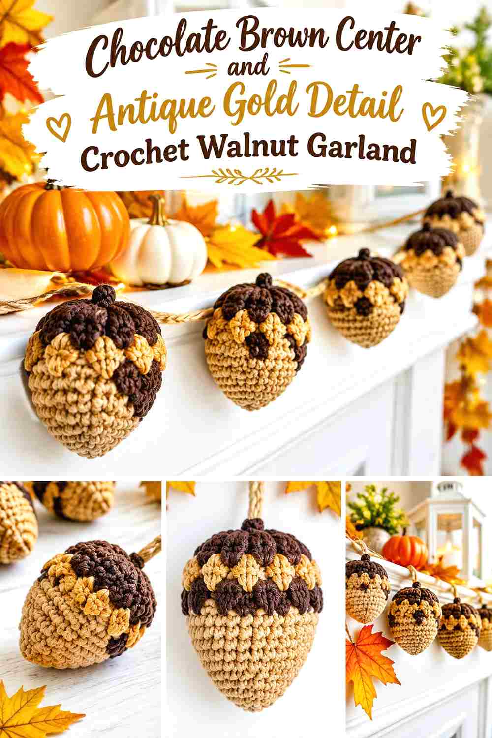 11. Chocolate Brown Center And Antique Gold Detail Crochet Walnut Garland