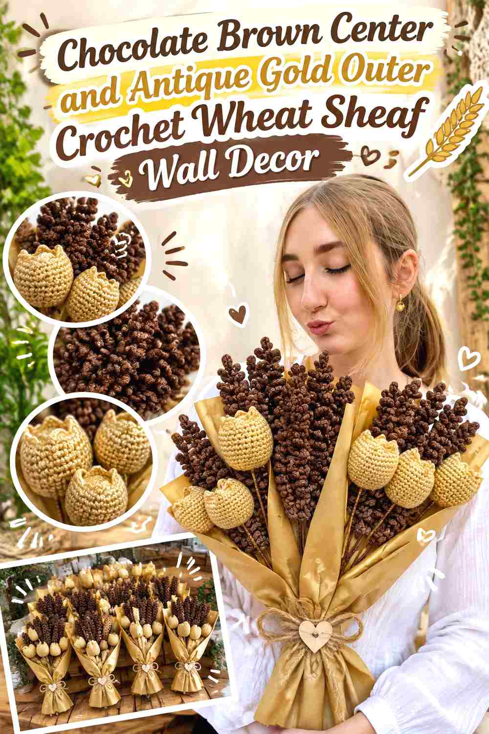 4. Chocolate Brown Center And Antique Gold Outer Crochet Wheat Sheaf Wall Decor