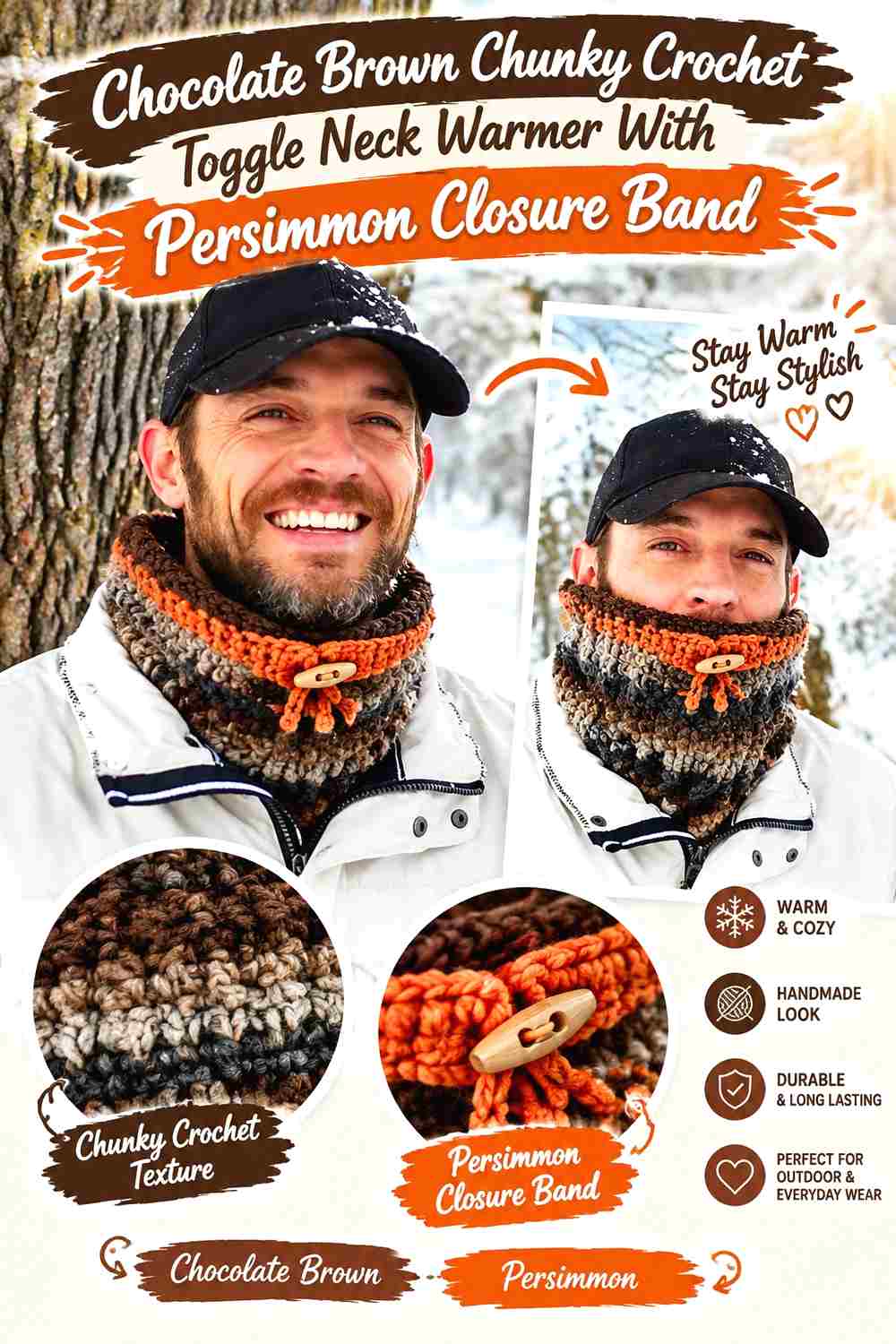 9. Chocolate Brown Chunky Crochet Toggle Neck Warmer With Persimmon Closure Band