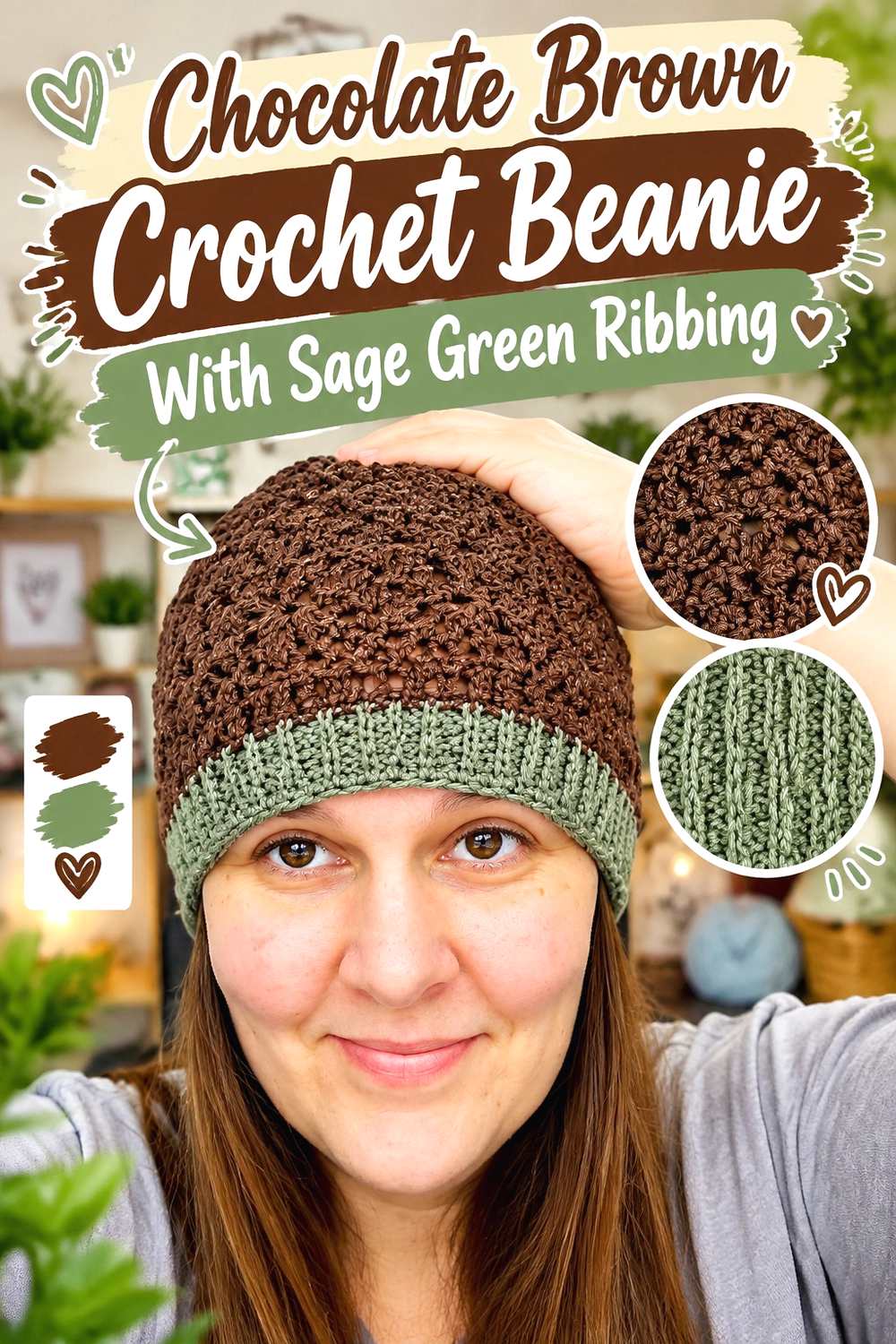 14. Chocolate Brown Crochet Beanie With Sage Green Ribbing