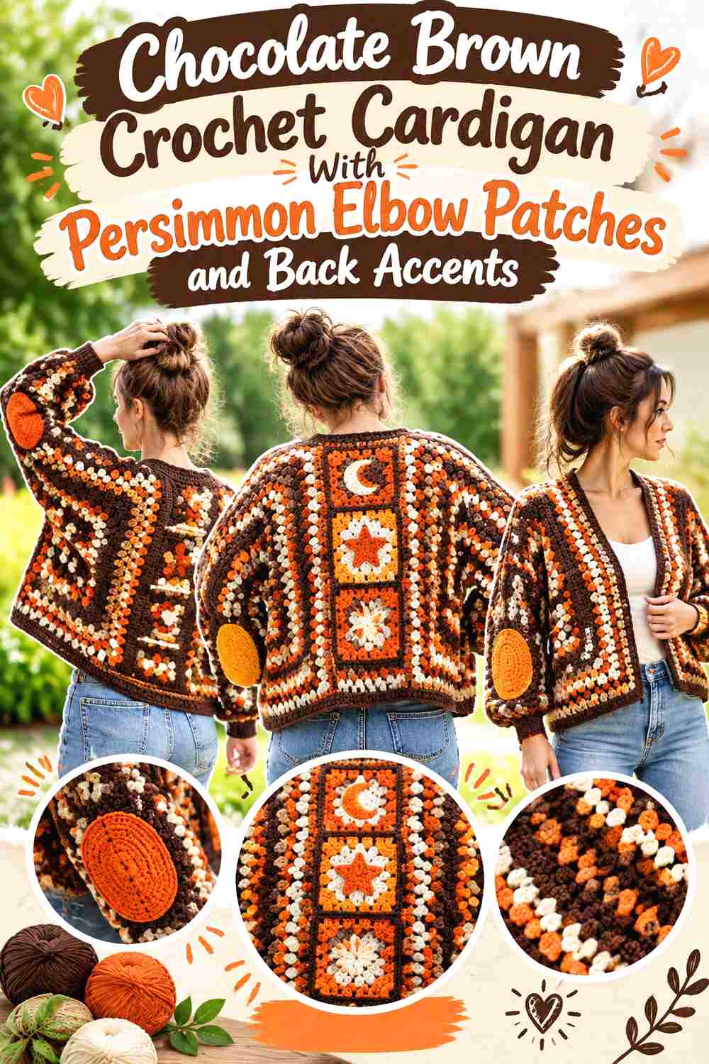 9. Chocolate Brown Crochet Cardigan With Persimmon Elbow Patches And Back Accents