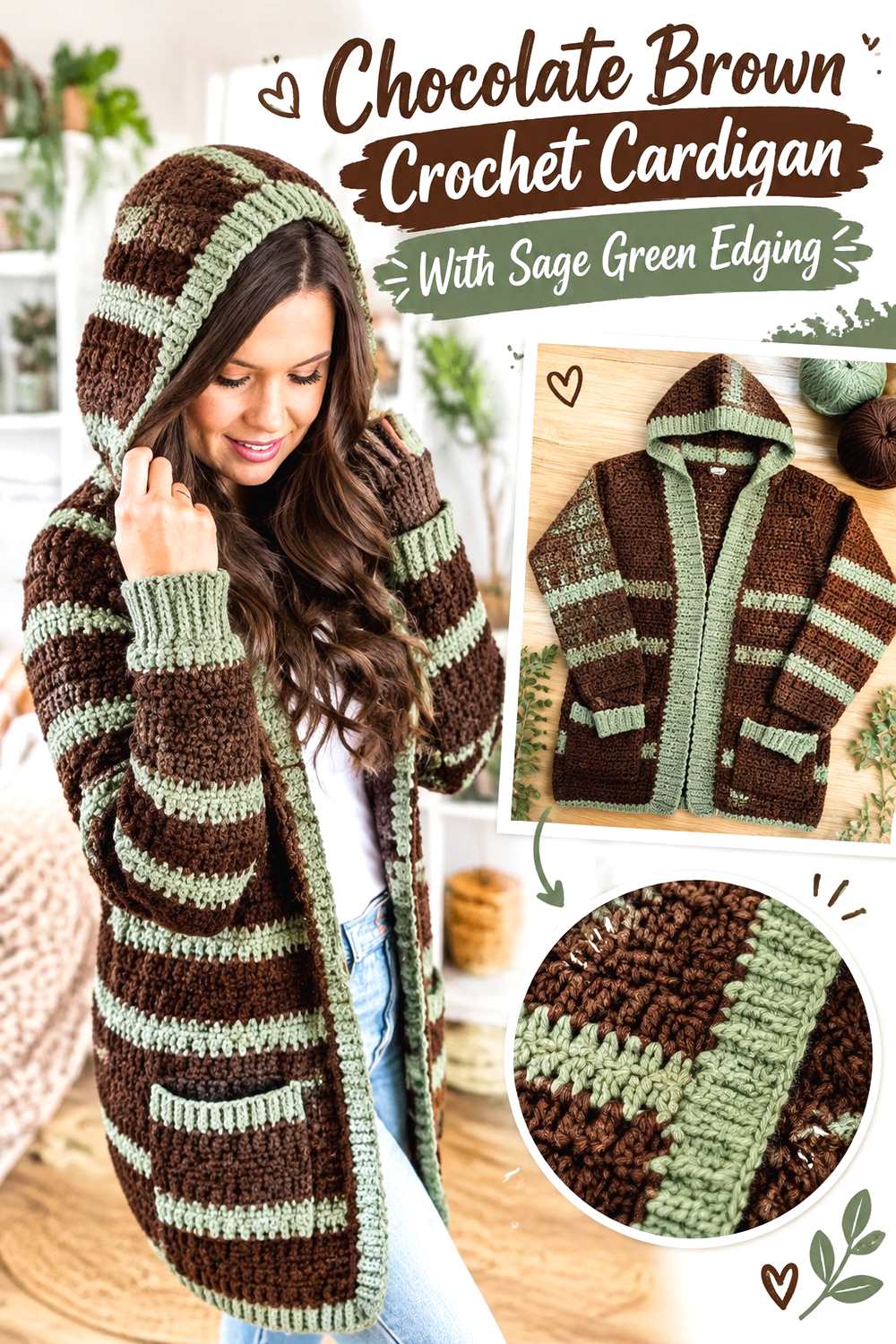 1. Chocolate Brown Crochet Cardigan With Sage Green Edging