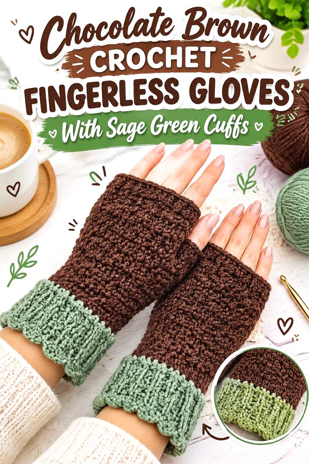 10. Chocolate Brown Crochet Fingerless Gloves With Sage Green Cuffs