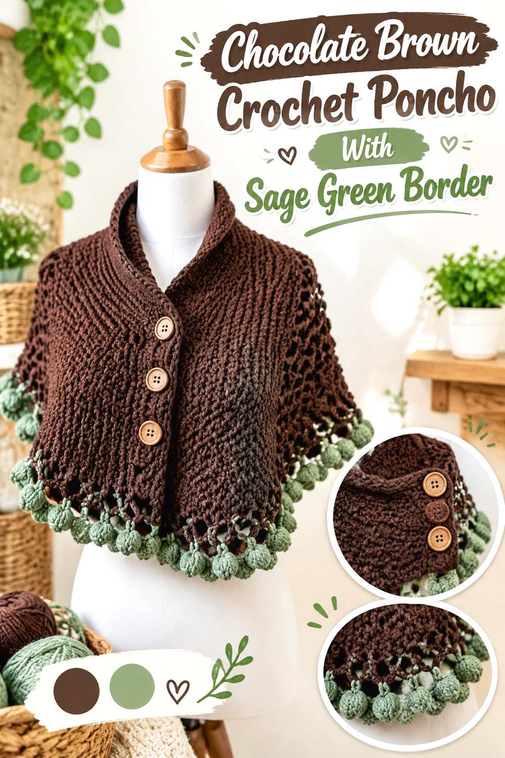 8. Chocolate Brown Crochet Poncho With Sage Green Border