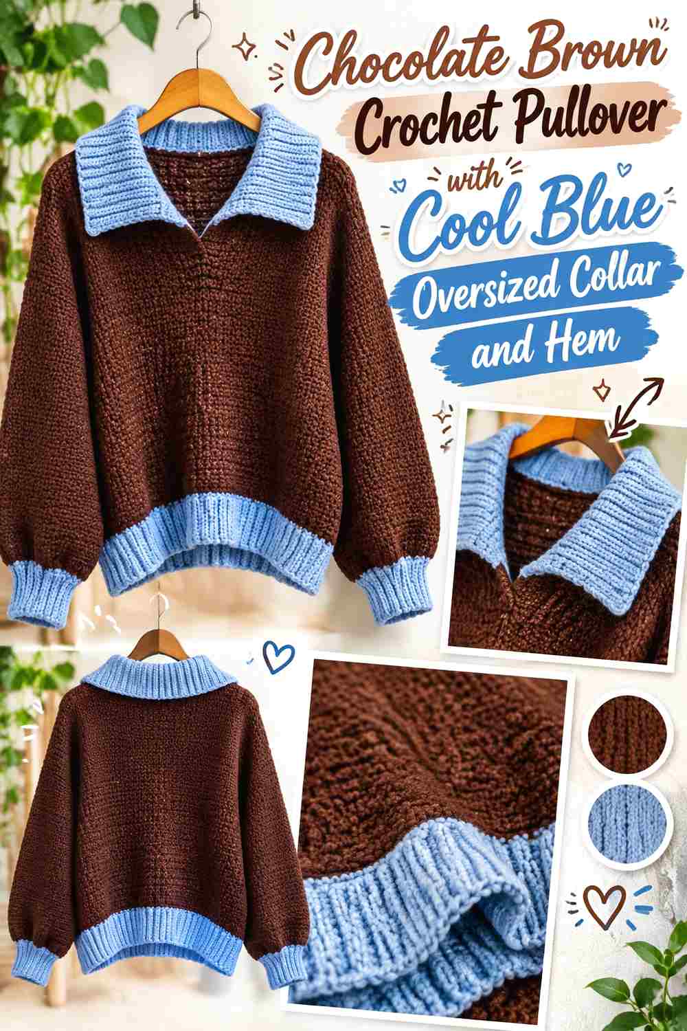 4. Chocolate Brown Crochet Pullover With Cool Blue Oversized Collar And Hem