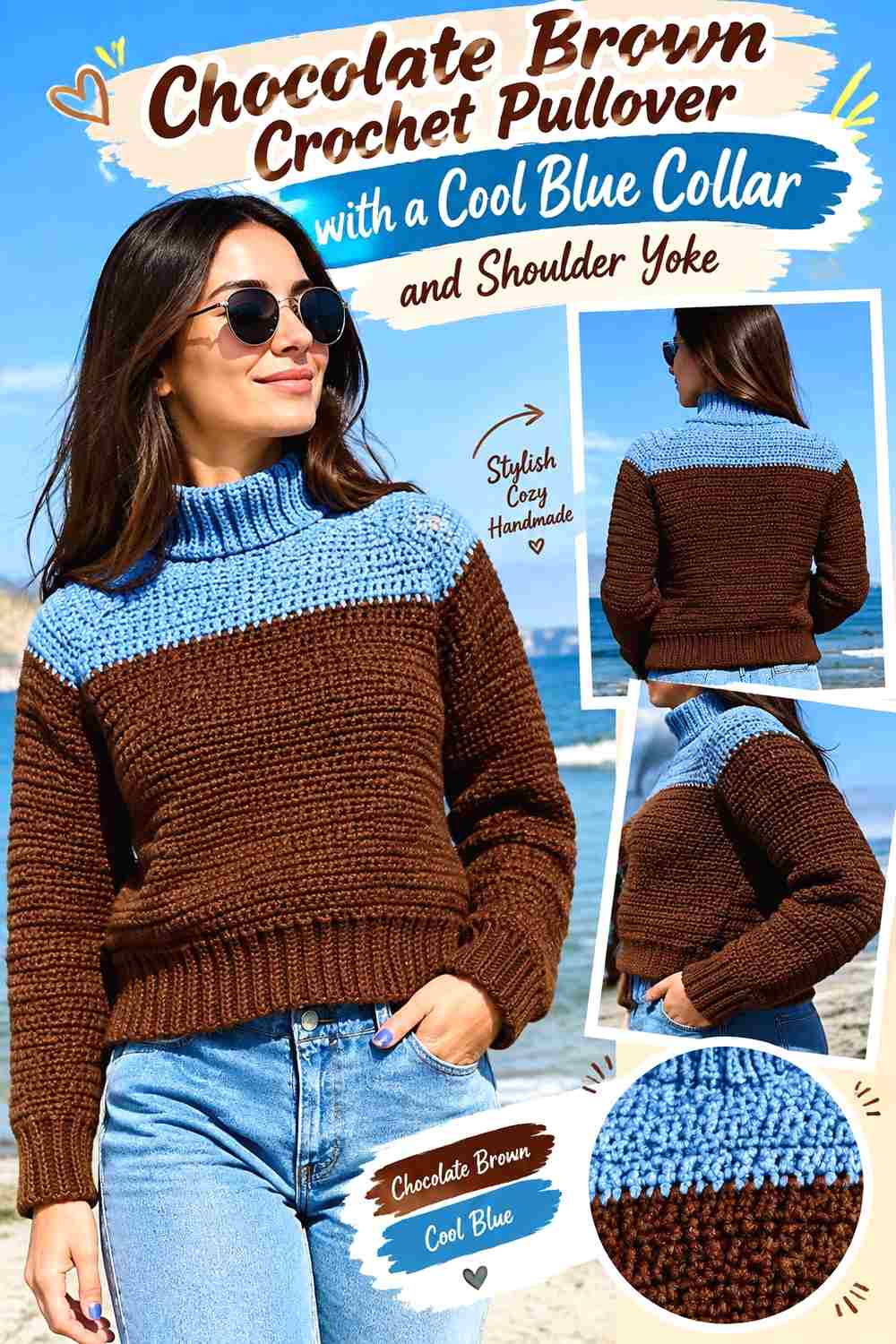 6. Chocolate Brown Crochet Pullover With A Cool Blue Collar And Shoulder Yoke