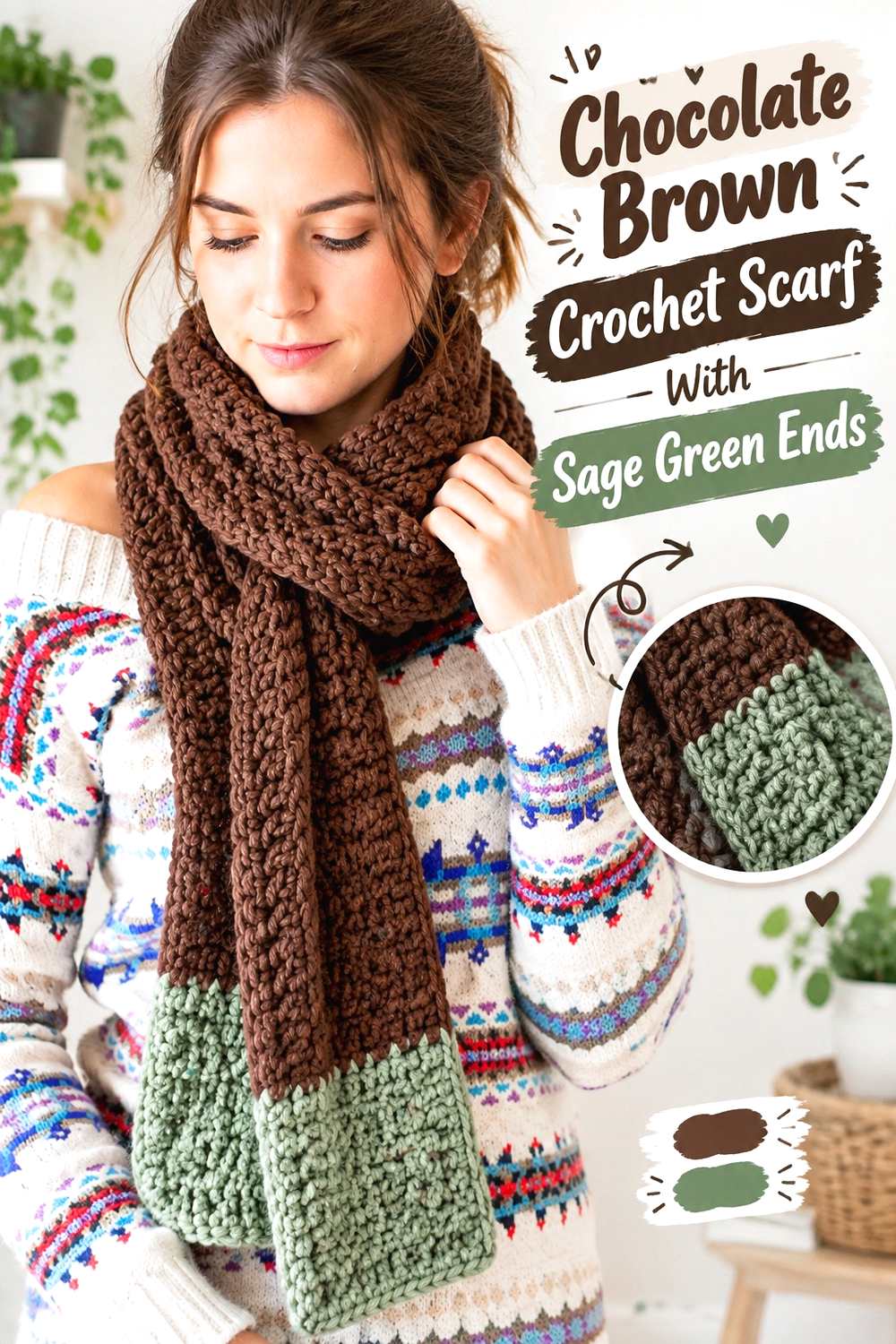 5. Chocolate Brown Crochet Scarf With Sage Green Ends
