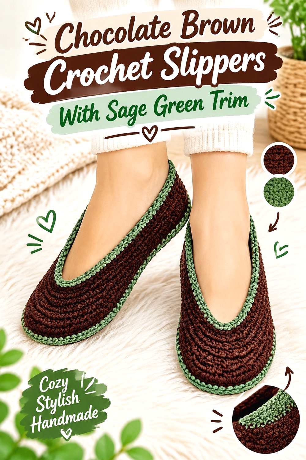 7. Chocolate Brown Crochet Slippers With Sage Green Trim