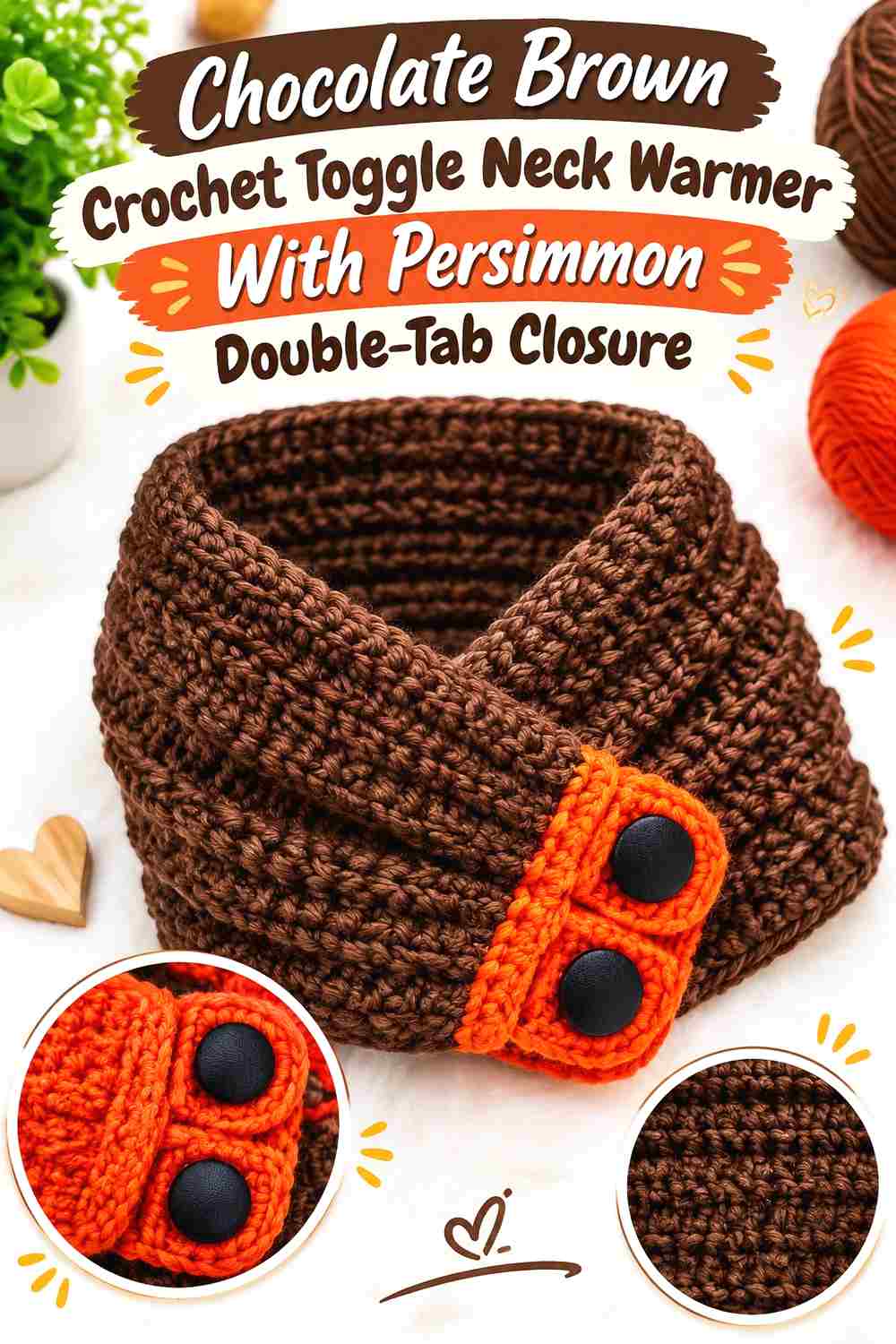 5. Chocolate Brown Crochet Toggle Neck Warmer With Persimmon Double Tab Closure