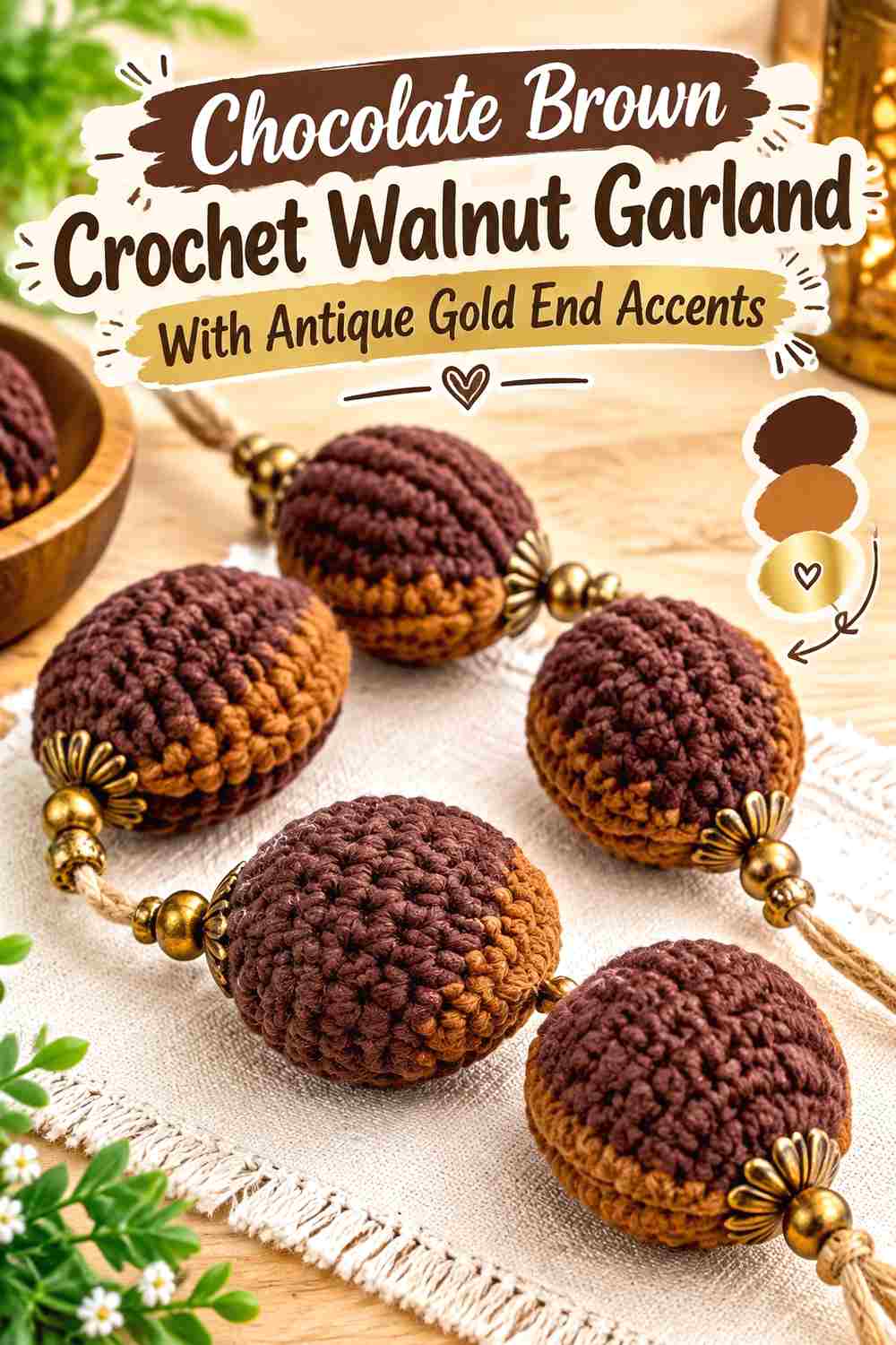 9. Chocolate Brown Crochet Walnut Garland With Antique Gold End Accents