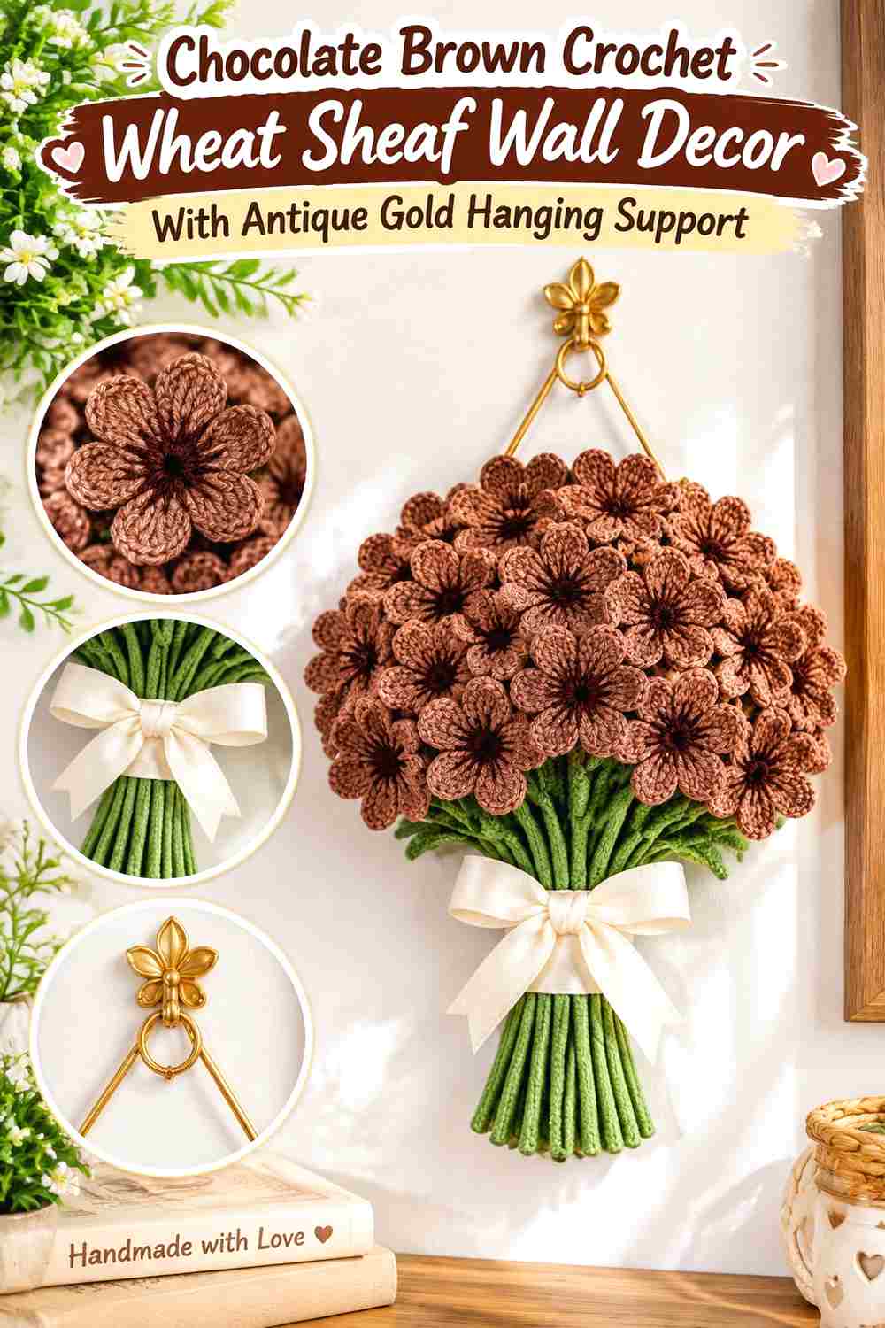 15. Chocolate Brown Crochet Wheat Sheaf Wall Decor With Antique Gold Hanging Support