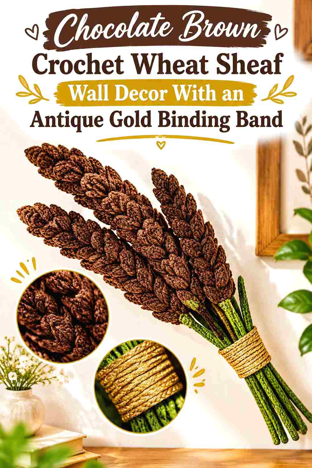 7. Chocolate Brown Crochet Wheat Sheaf Wall Decor With An Antique Gold Binding Band