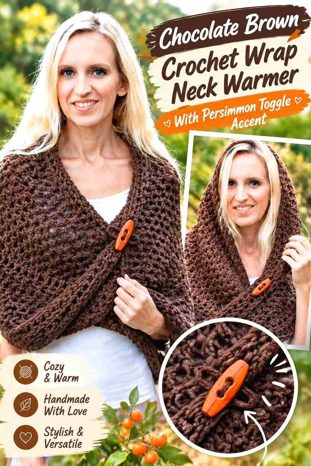 11. Chocolate Brown Crochet Wrap Neck Warmer With Persimmon Toggle Accent