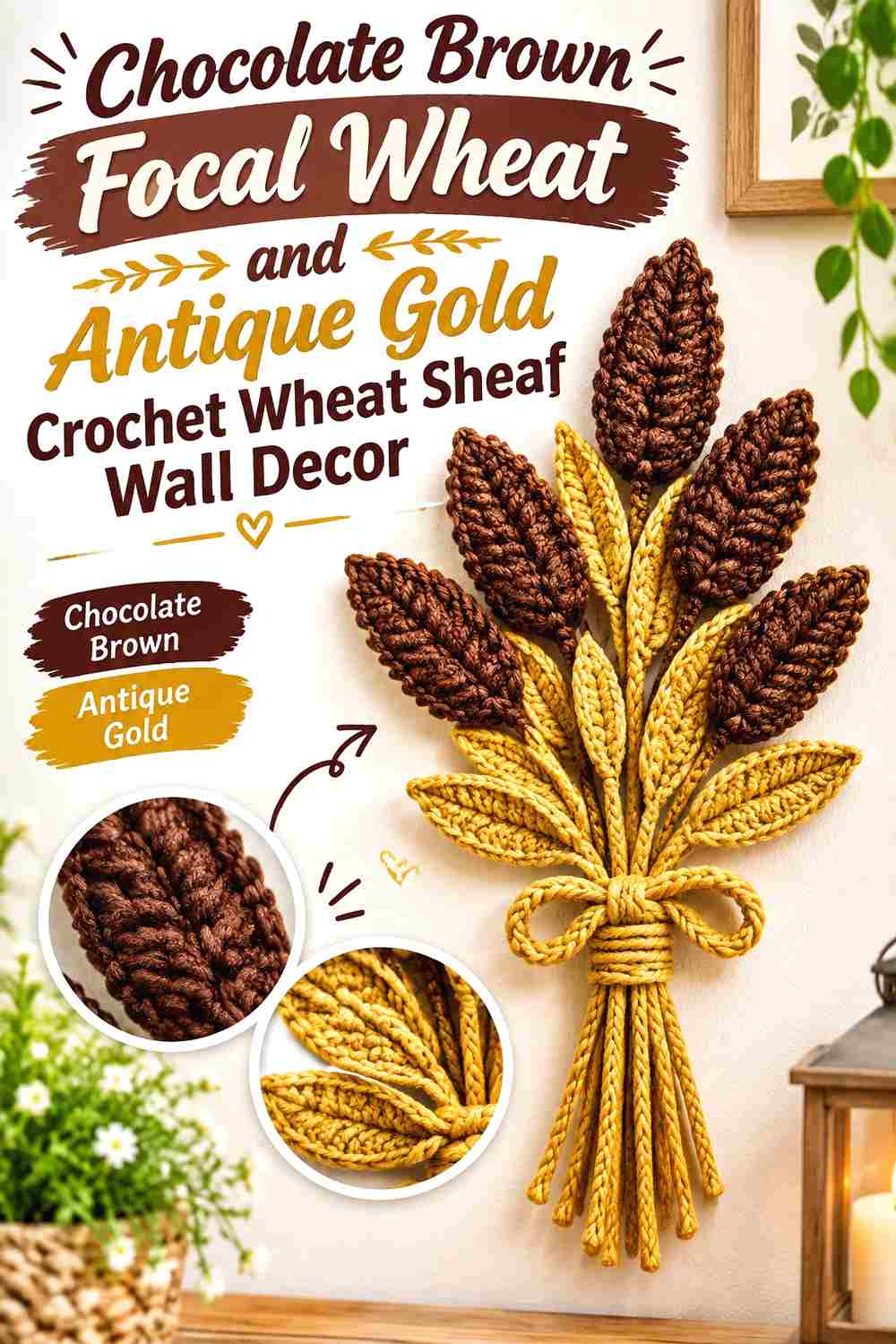 11. Chocolate Brown Focal Wheat And Antique Gold Crochet Wheat Sheaf Wall Decor