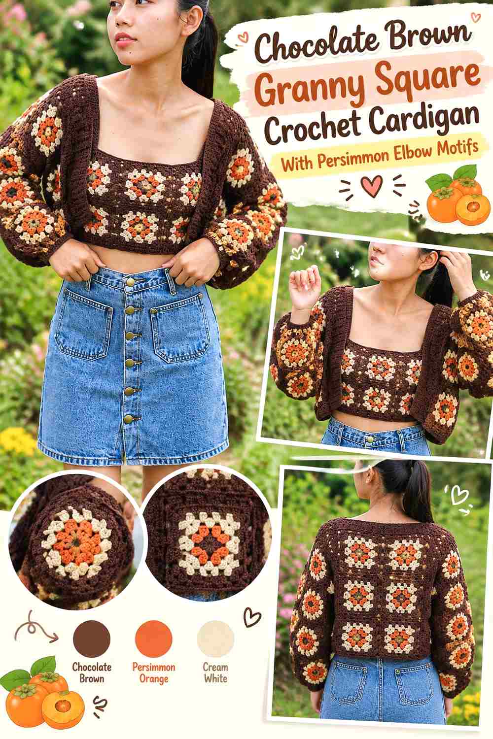 2. Chocolate Brown Granny Square Crochet Cardigan With Persimmon Elbow Motifs