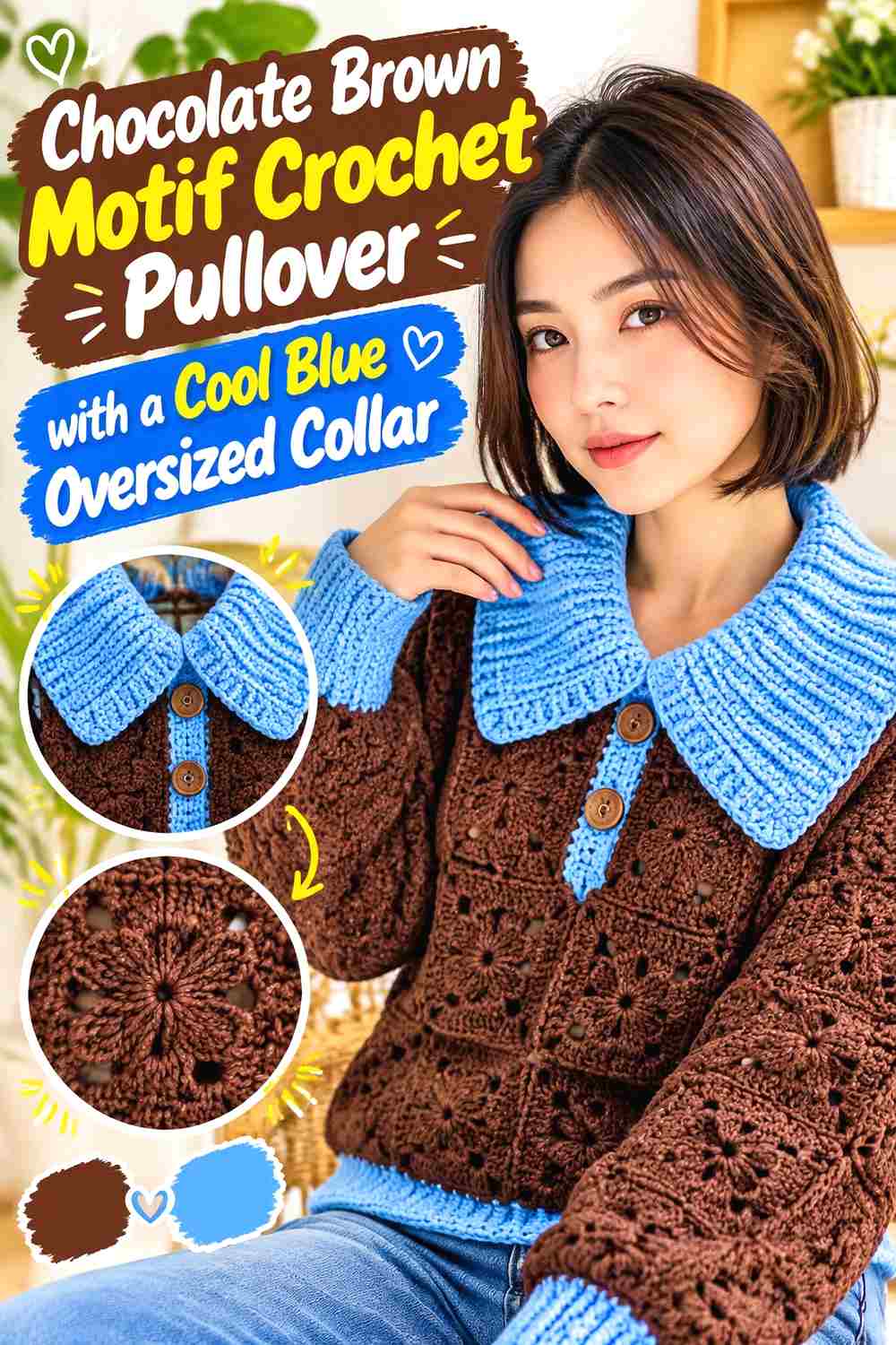 12. Chocolate Brown Motif Crochet Pullover With A Cool Blue Oversized Collar