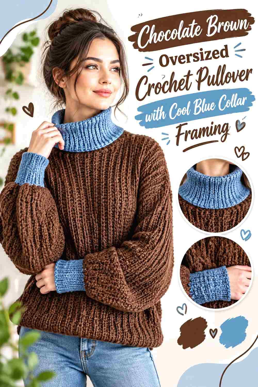 14. Chocolate Brown Oversized Crochet Pullover With Cool Blue Collar Framing