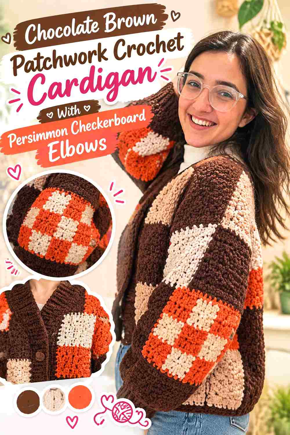 3. Chocolate Brown Patchwork Crochet Cardigan With Persimmon Checkerboard Elbows