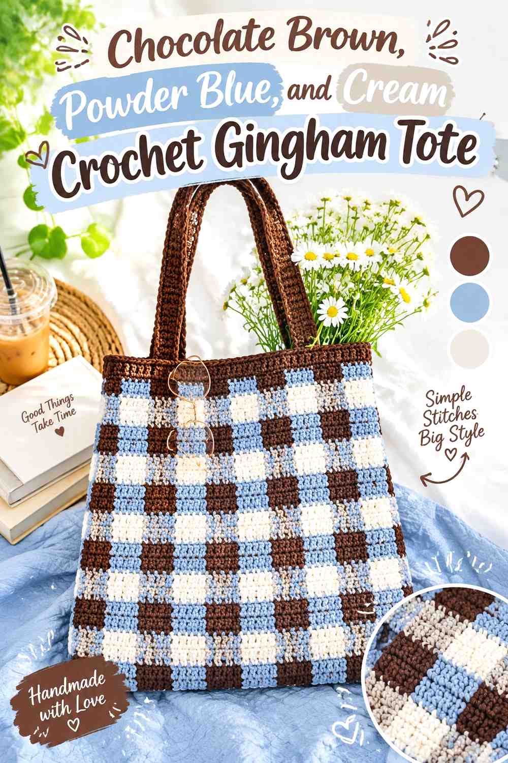 10. Chocolate Brown Powder Blue And Cream Crochet Gingham Tote