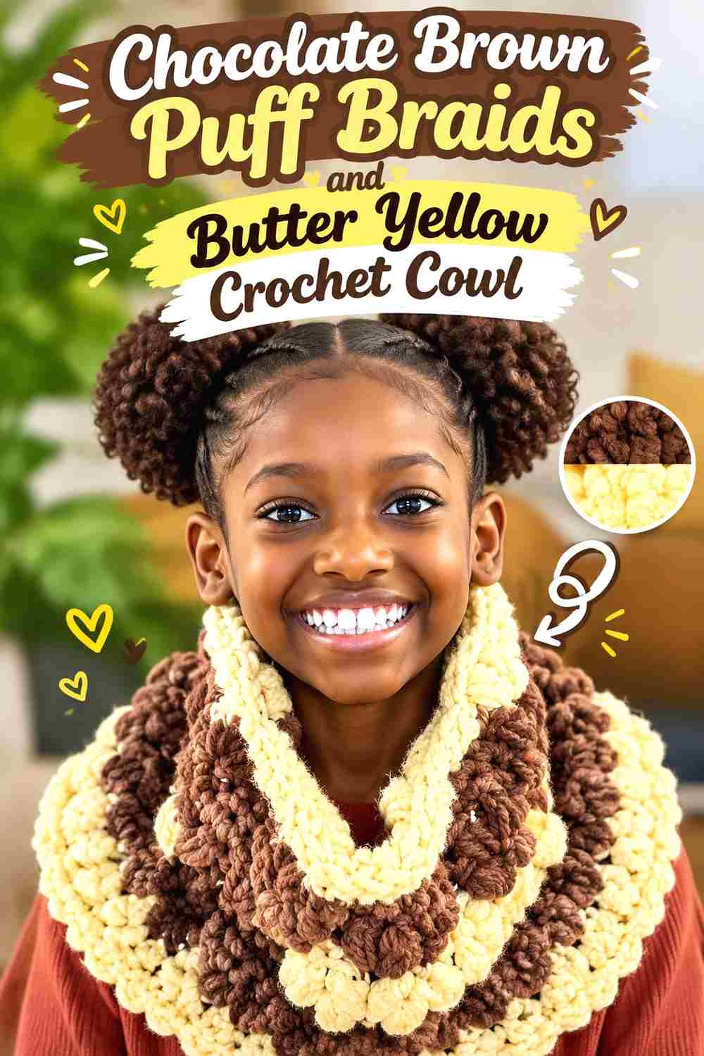 12. Chocolate Brown Puff Braids And Butter Yellow Crochet Cowl