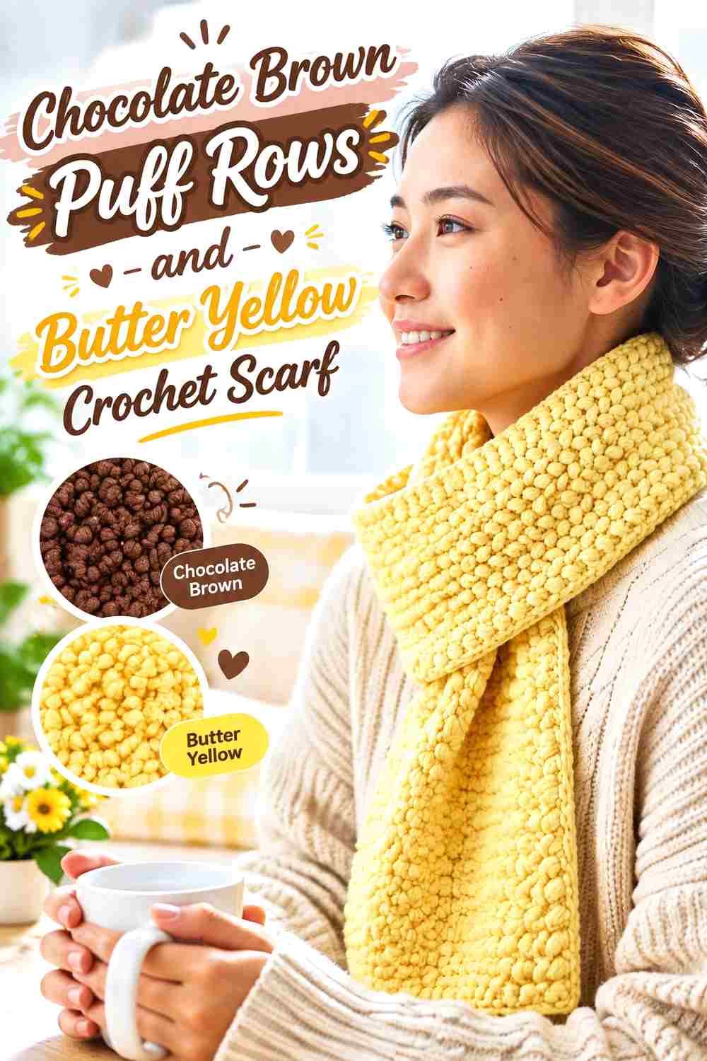 8. Chocolate Brown Puff Rows And Butter Yellow Crochet Scarf