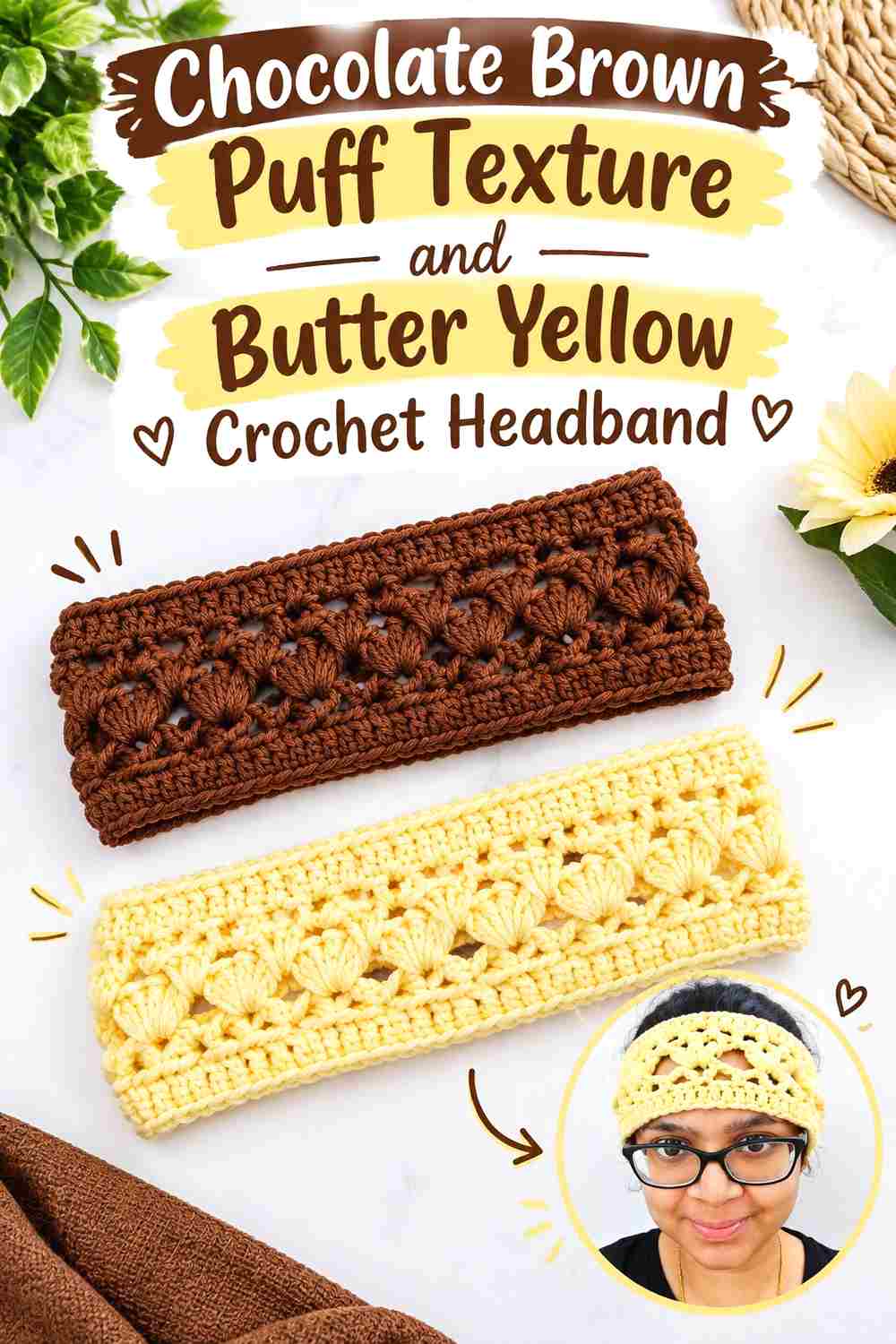 10. Chocolate Brown Puff Texture And Butter Yellow Crochet Headband