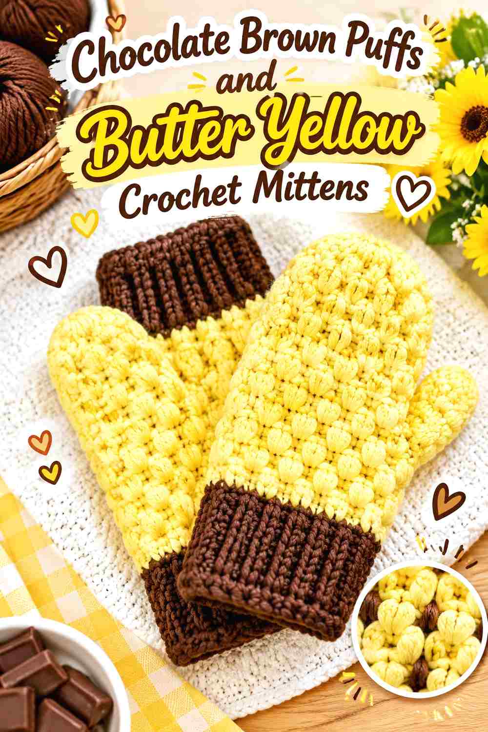 6. Chocolate Brown Puffs And Butter Yellow Crochet Mittens