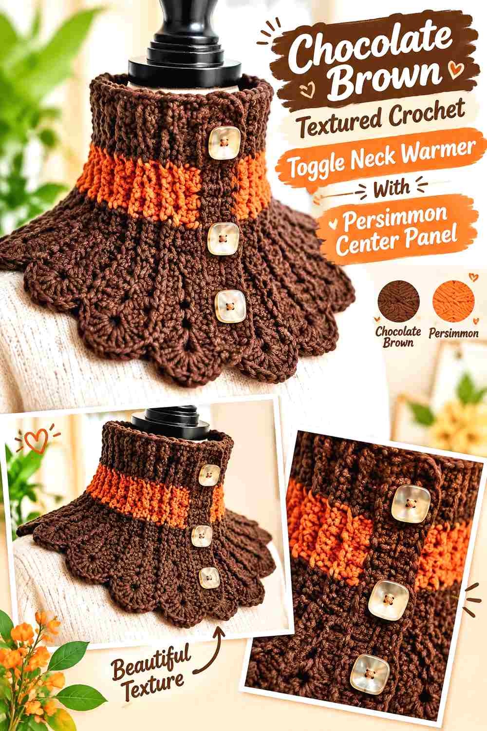 7. Chocolate Brown Textured Crochet Toggle Neck Warmer With Persimmon Center Panel