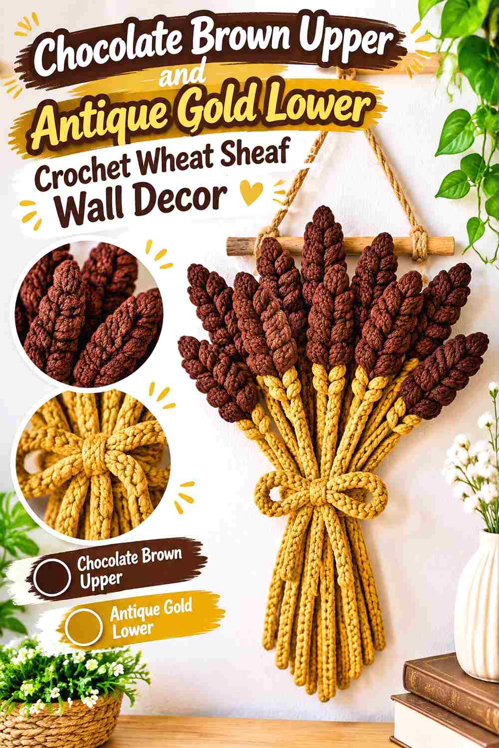 9. Chocolate Brown Upper And Antique Gold Lower Crochet Wheat Sheaf Wall Decor