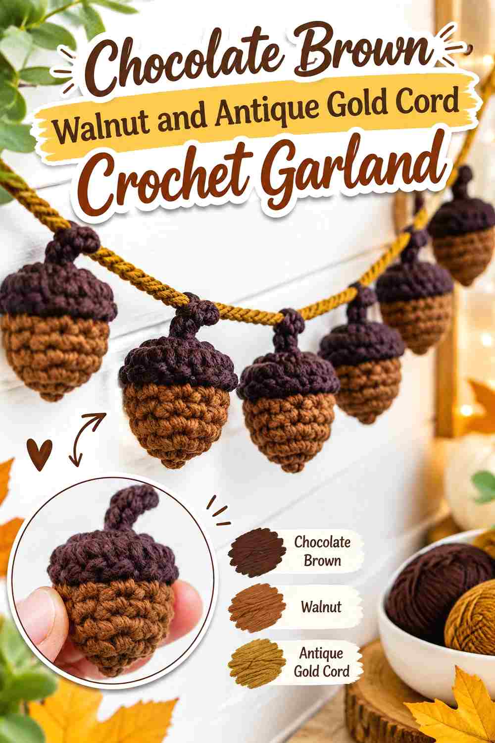 6. Chocolate Brown Walnut And Antique Gold Cord Crochet Garland
