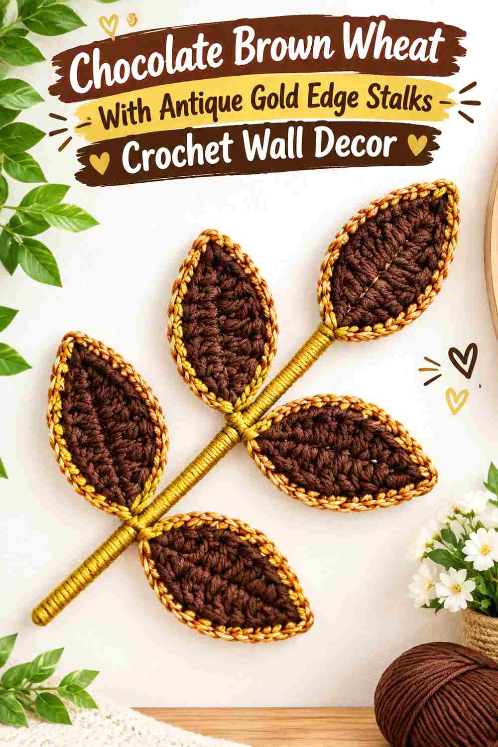 12. Chocolate Brown Wheat With Antique Gold Edge Stalks Crochet Wall Decor