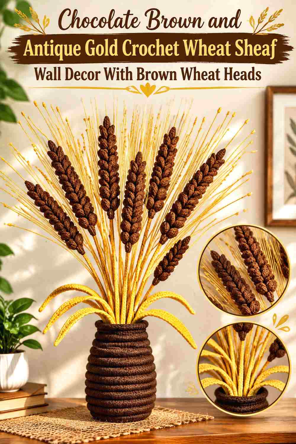 2. Chocolate Brown And Antique Gold Crochet Wheat Sheaf Wall Decor With Brown Wheat Heads