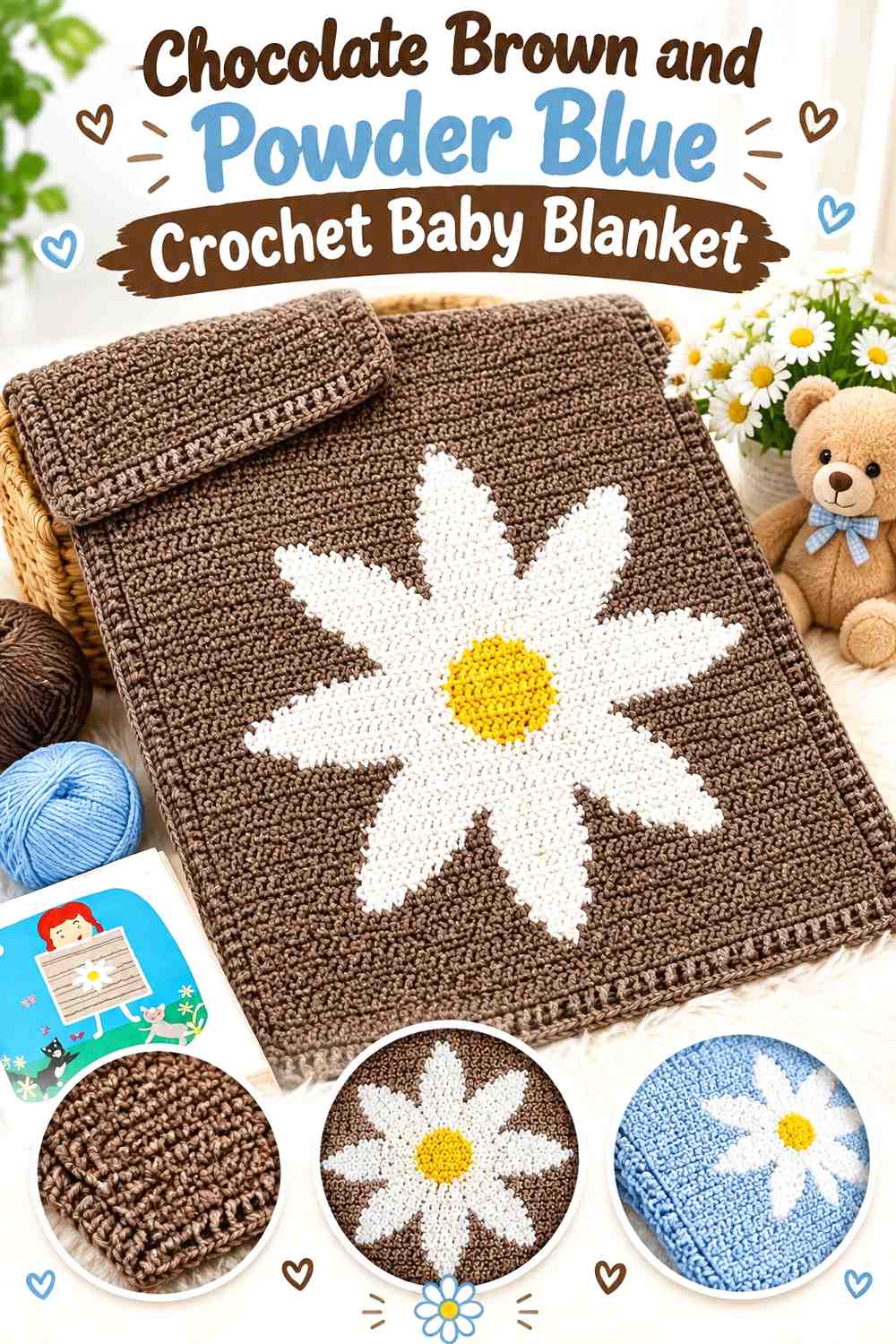 1. Chocolate Brown And Powder Blue Crochet Baby Blanket
