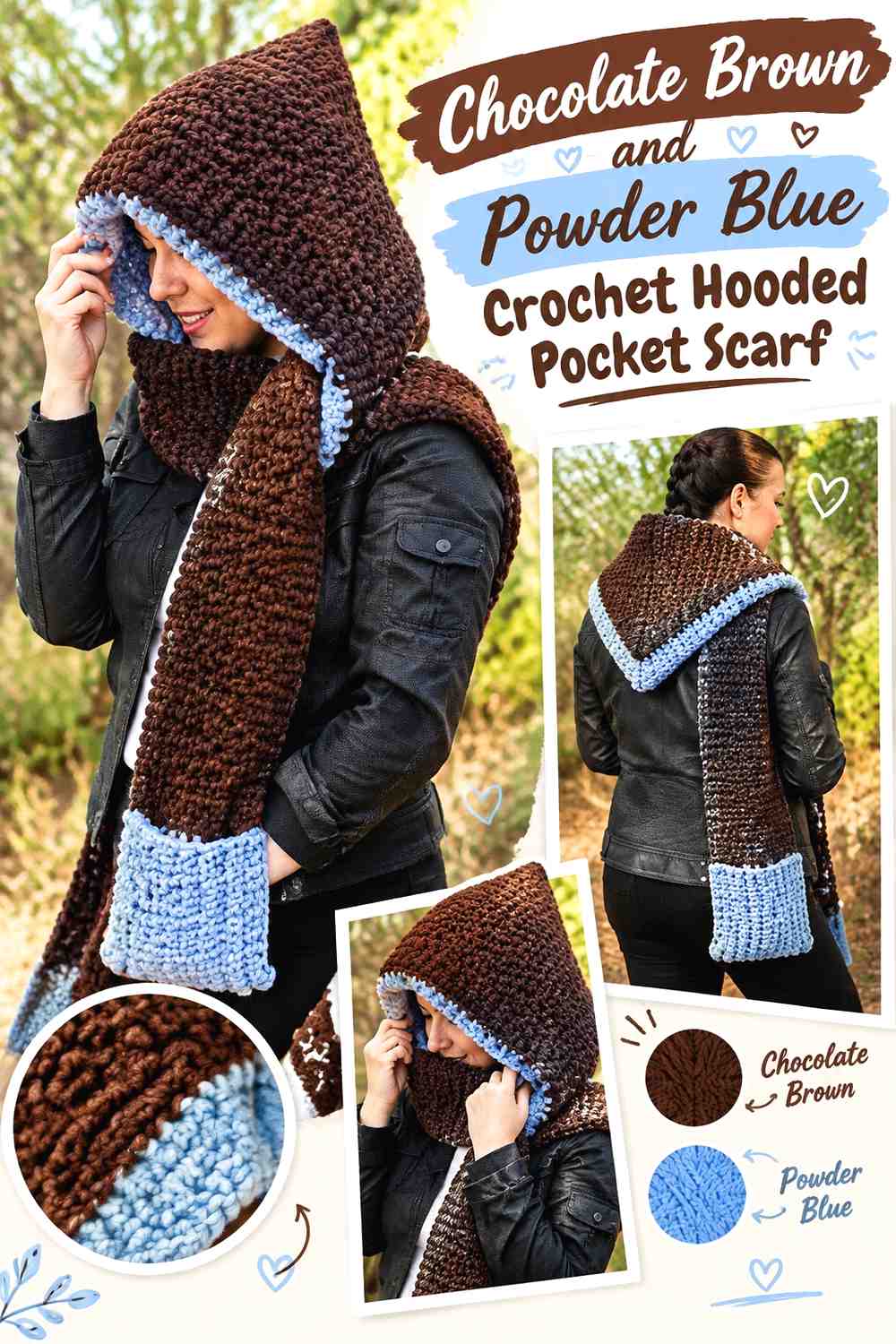 16. Chocolate Brown And Powder Blue Crochet Hooded Pocket Scarf