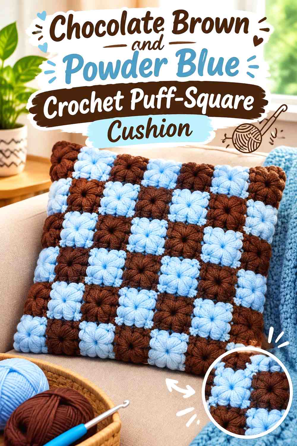 12. Chocolate Brown And Powder Blue Crochet Puff Square Cushion