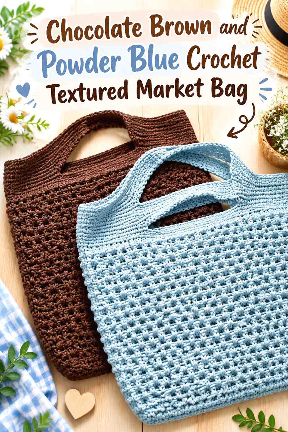 5. Chocolate Brown And Powder Blue Crochet Textured Market Bag