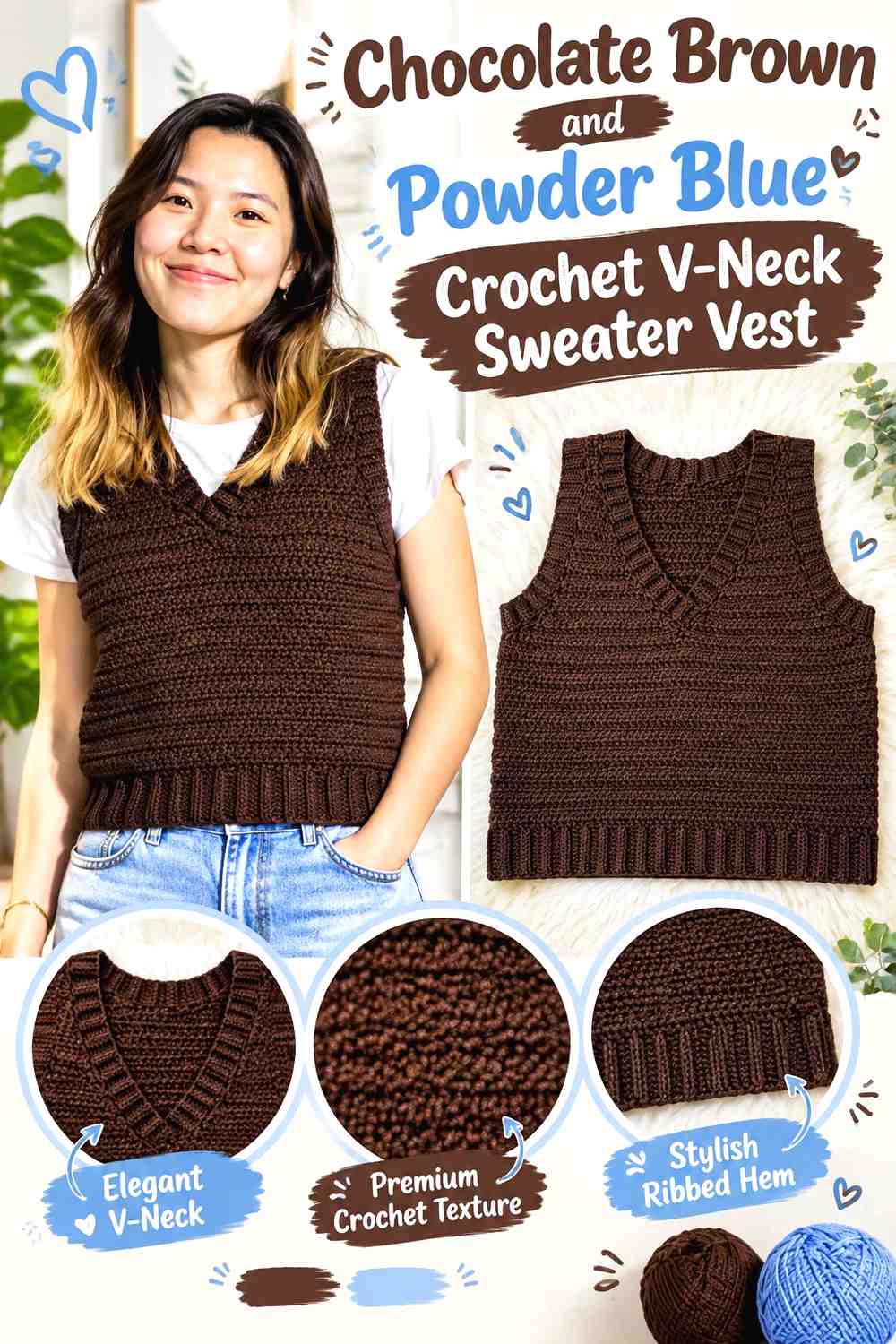 6. Chocolate Brown And Powder Blue Crochet V Neck Sweater Vest
