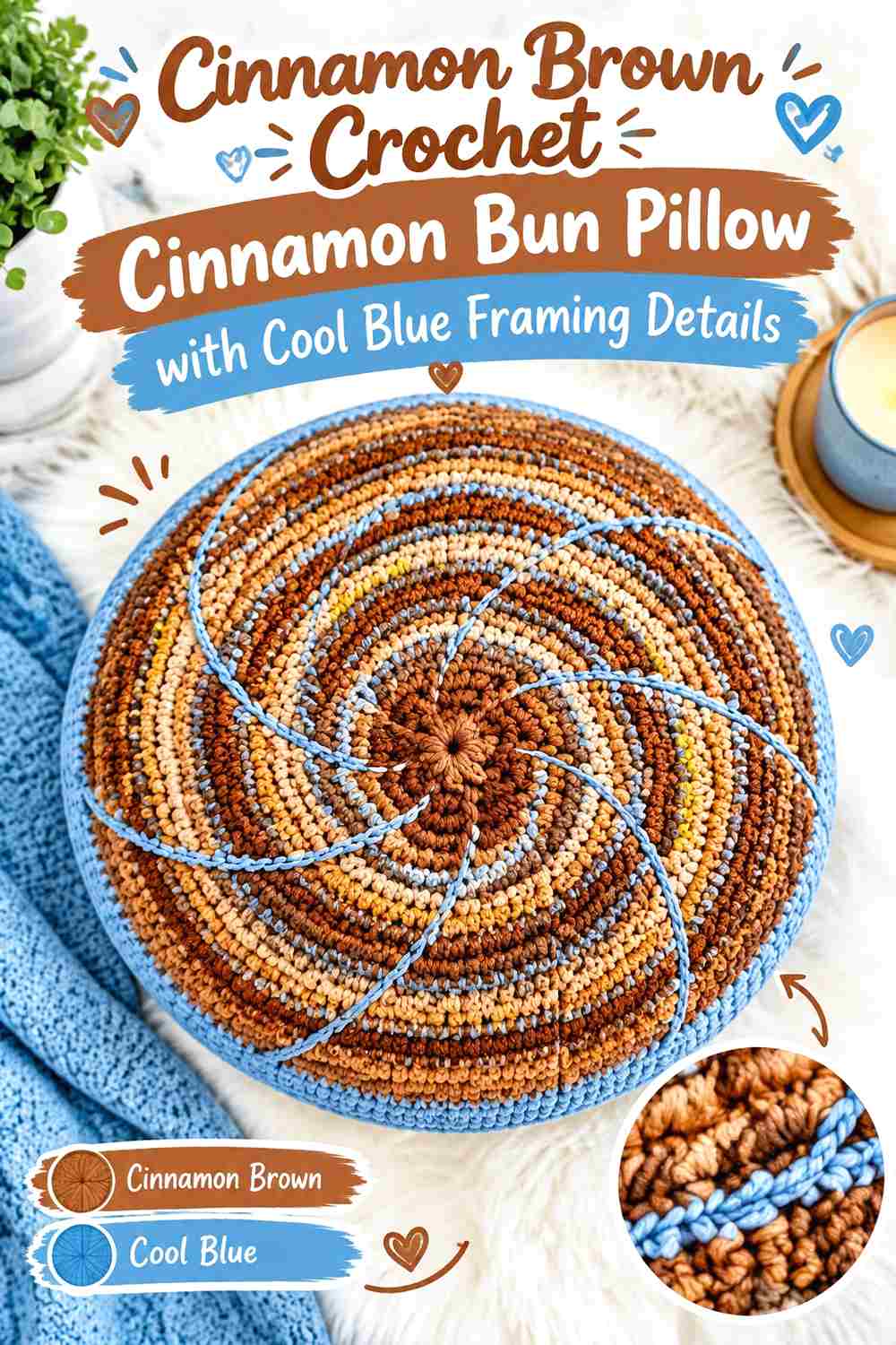 15. Cinnamon Brown Crochet Cinnamon Bun Pillow With Cool Blue Framing Details