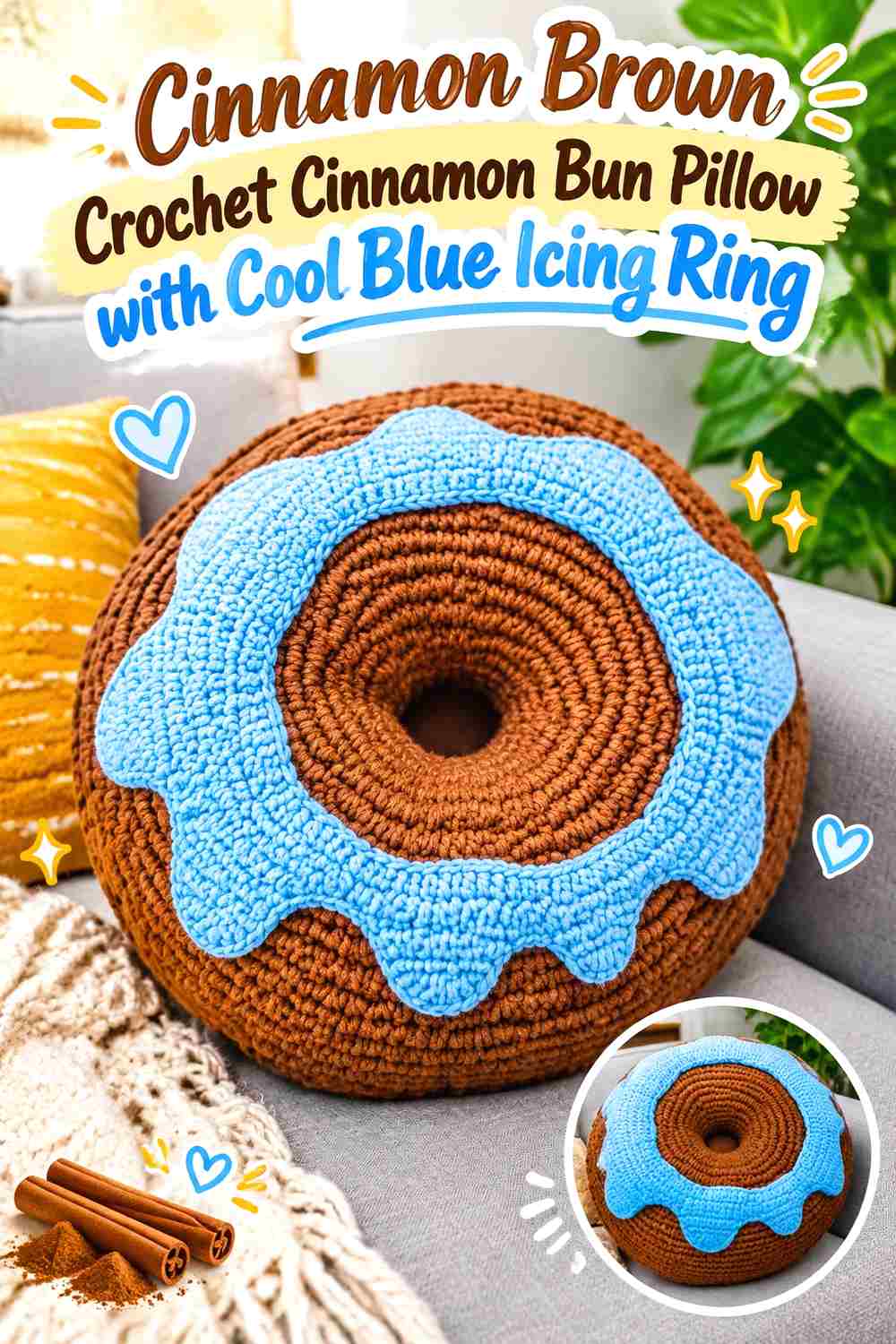 3. Cinnamon Brown Crochet Cinnamon Bun Pillow With Cool Blue Icing Ring
