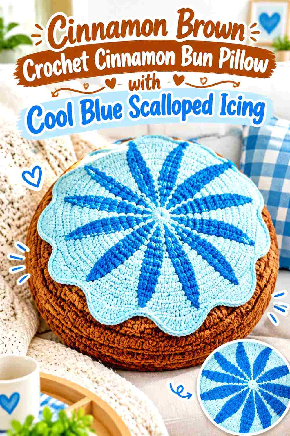 10. Cinnamon Brown Crochet Cinnamon Bun Pillow With Cool Blue Scalloped Icing