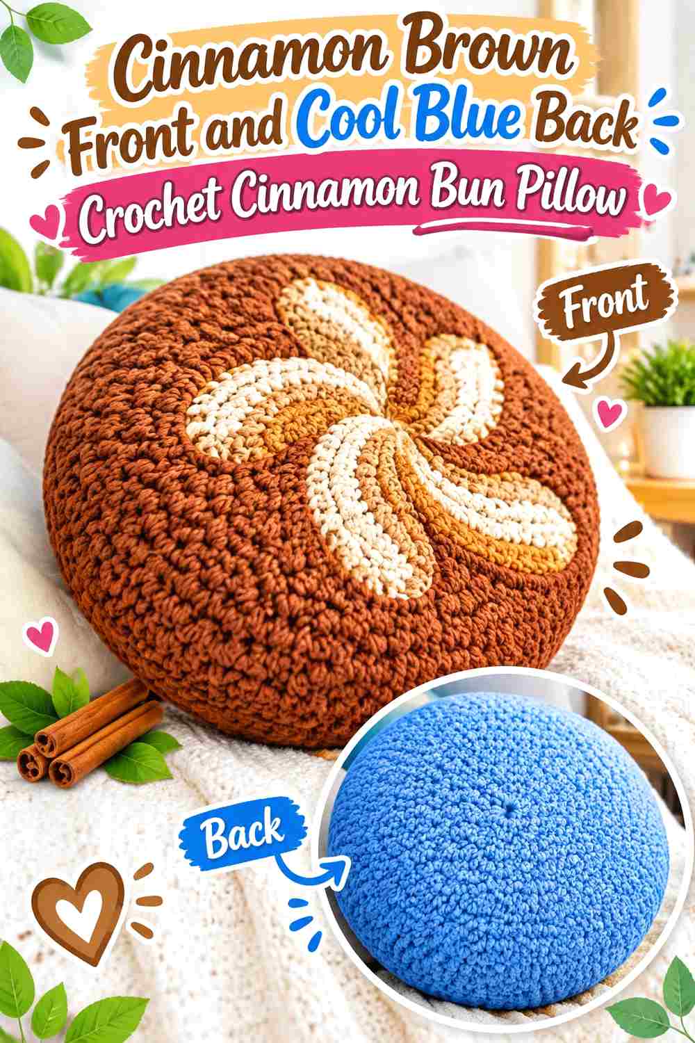 8. Cinnamon Brown Front And Cool Blue Back Crochet Cinnamon Bun Pillow