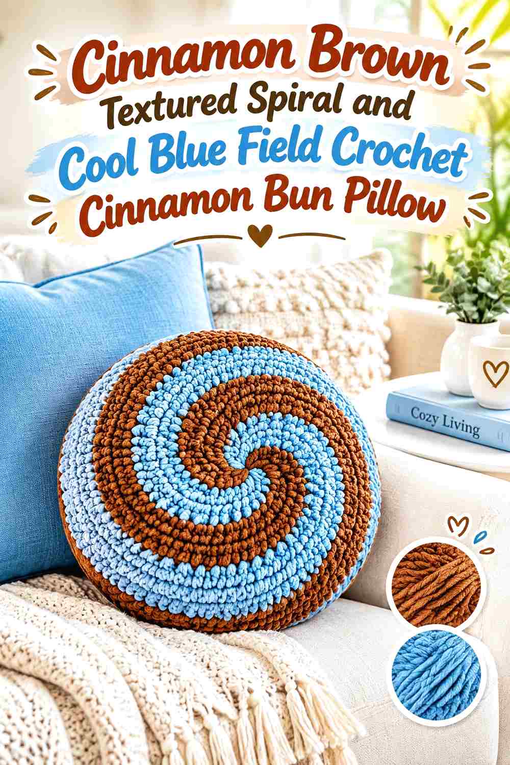 11. Cinnamon Brown Textured Spiral And Cool Blue Field Crochet Cinnamon Bun Pillow