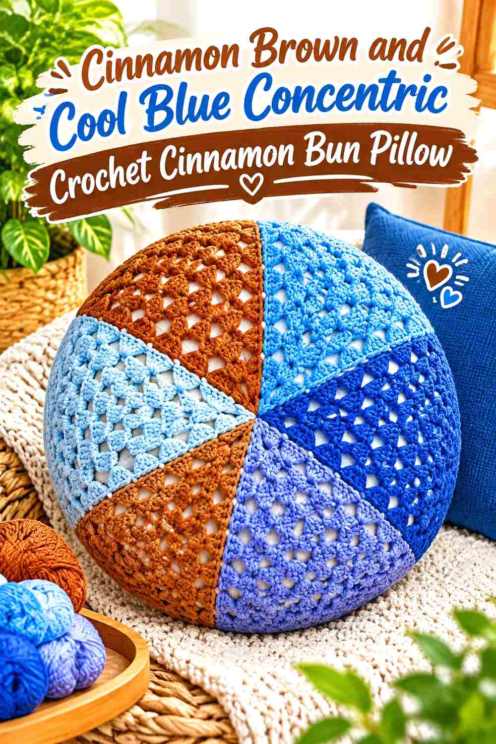 7. Cinnamon Brown And Cool Blue Concentric Crochet Cinnamon Bun Pillow