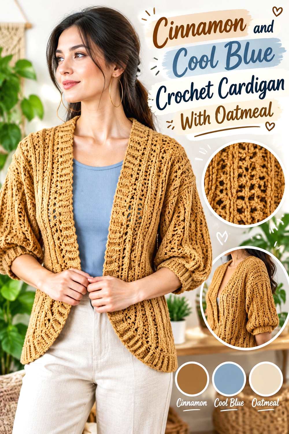 2. Cinnamon And Cool Blue Crochet Cardigan With Oatmeal
