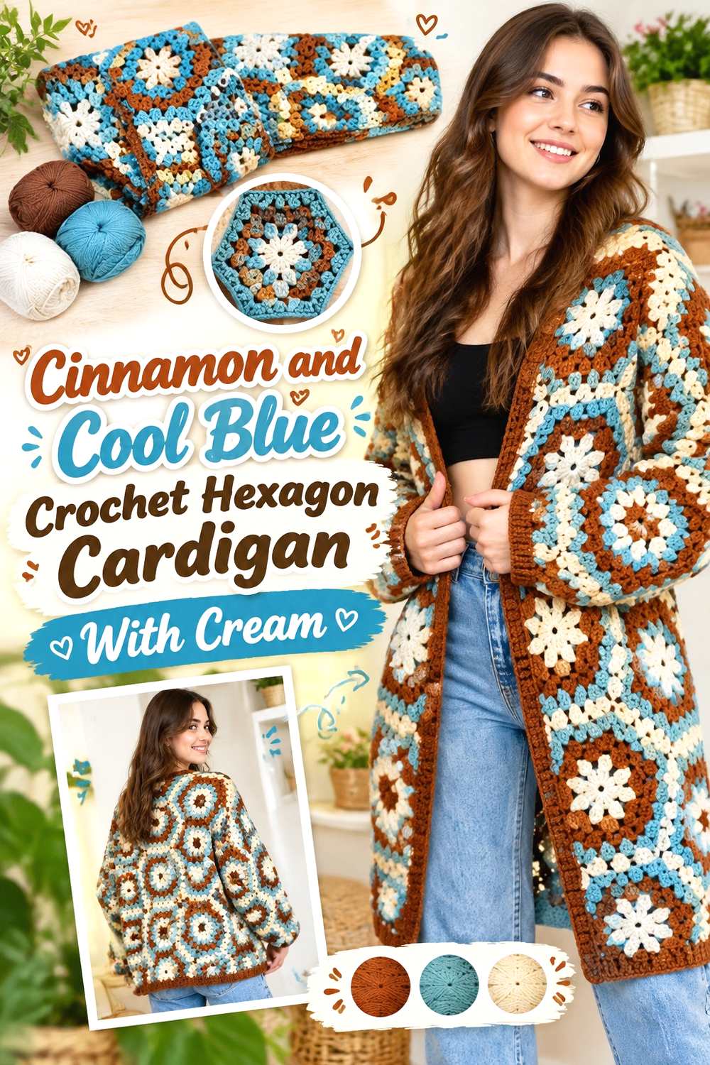 10. Cinnamon And Cool Blue Crochet Hexagon Cardigan With Cream